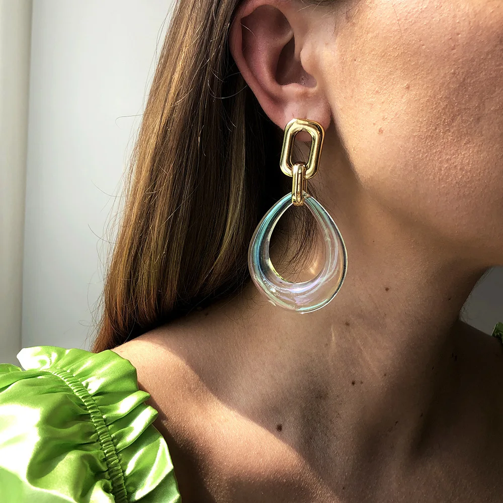 

European Style Boho Resin Transparent Statement Earring Hollow Geometric Waterdrop Round Shape Acrylic Drop Earring, Gold