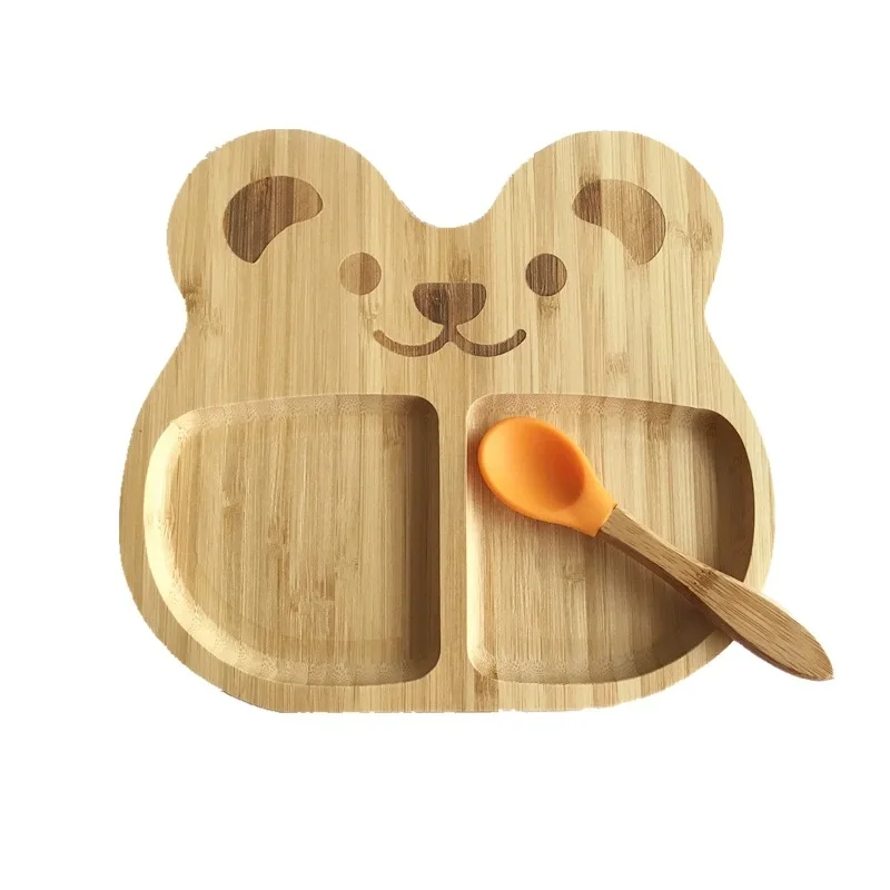 

Eco-friendly Reusable Animal Shape Bear Bamboo Kids Plates Baby Divided Feeding Plate with Silicone Spoon Set