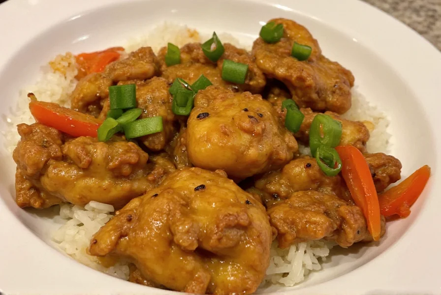 Close-up of black pepper chicken served over steamed rice with vibrant green onion garnish