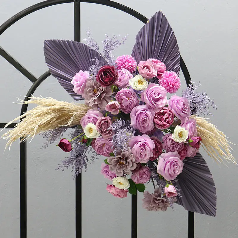 

O-X789 Wholesalers Flowers Arrangement Dried Reed Fan Pampas Grass Runer Wedding Arch decoration Palm with Silk Flowers Row