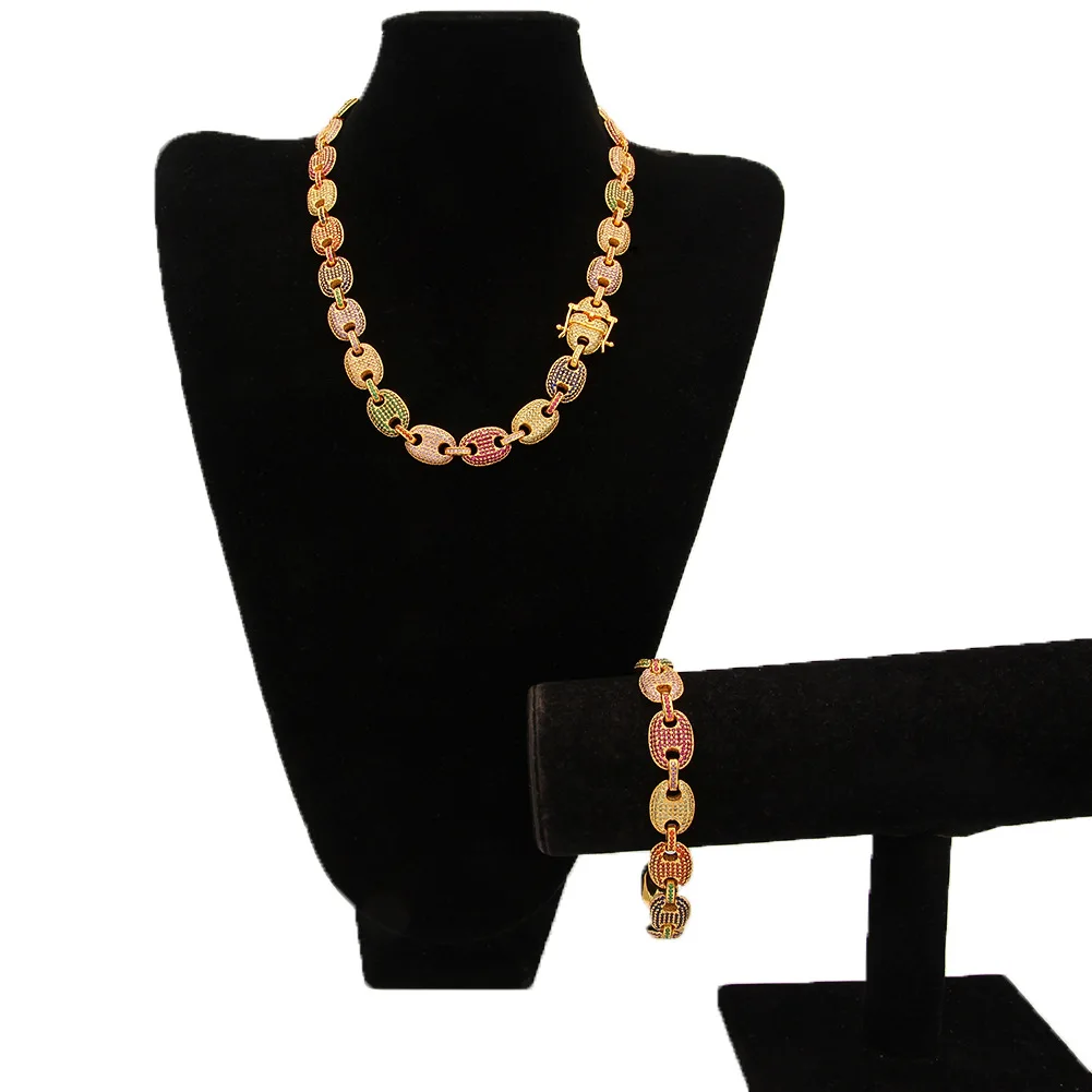 

Colorful Zircon Iced Out Coffee Bean Cuban Link Chain Brass sterling silver statement necklace