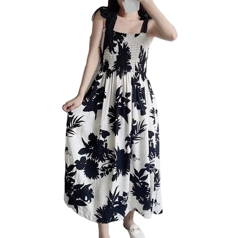 

Women Vintage Blue Black Leaves Print Elastic Sling Linen Midi Dress Chic Female Bow Tie Strap Ruffle Casual Summer Dresses