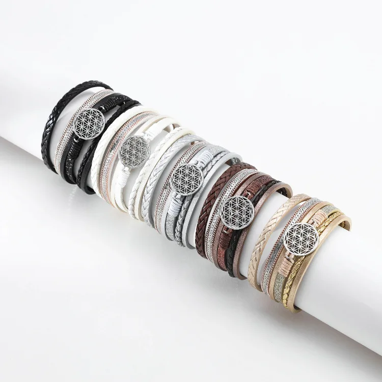 

Bohe Jewelry Handmade Braided Multilayer Leather Wrap Bracelet Four Colors Ladies Hollow Coins PU Magnetic Clasp Bangle Bracelet