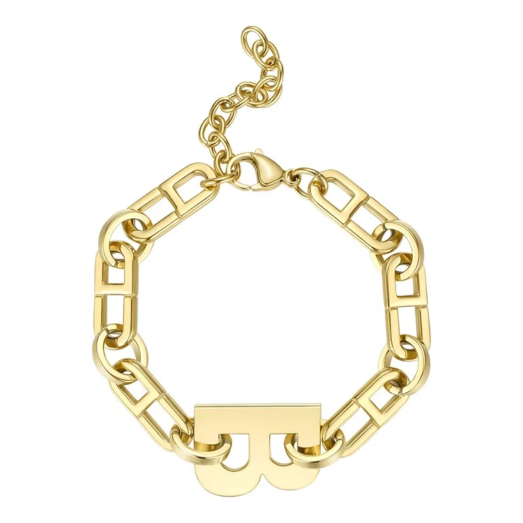 

Latest 14K Gold Plated Stainless Steel Jewelry B-shaped Pendant Thick Chain Bracelet B202203