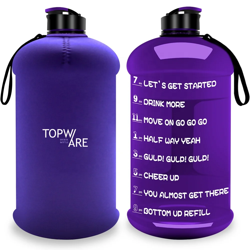 dishwasher safe 2.2 liter half gallon leakproof plastic sports water bottle with time marker and cover sleeve