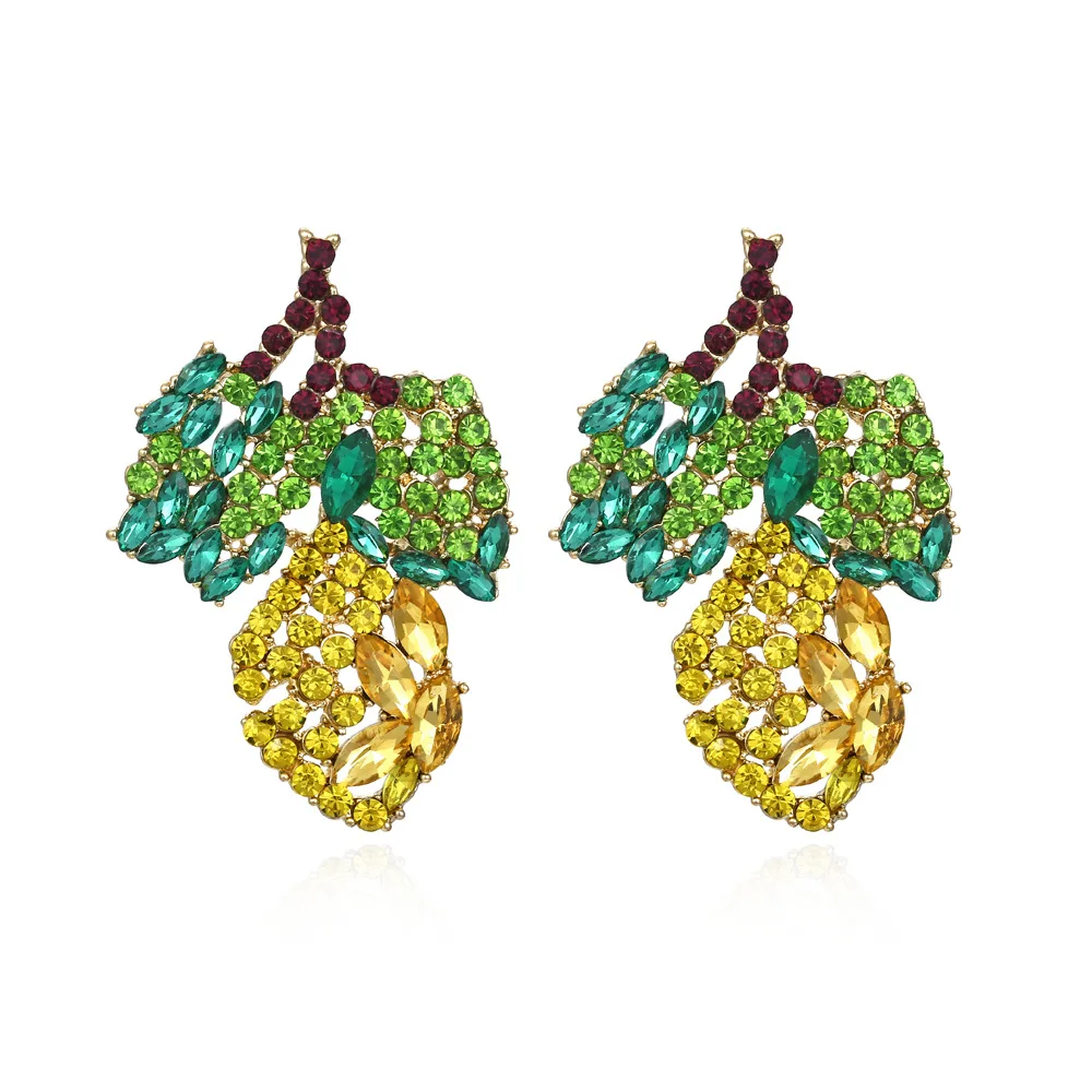 

Exaggerated Creative Glass Color Diamond Lemon Earrings Fashion Women Fruit Big Stud Earrings, Like picture