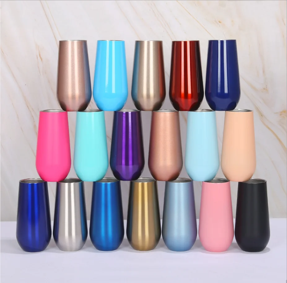 

6oz OEM color and logo double wall stainless steel insulated beverage wine glass champagne flutes champagne tumbler with lid, Accept customization