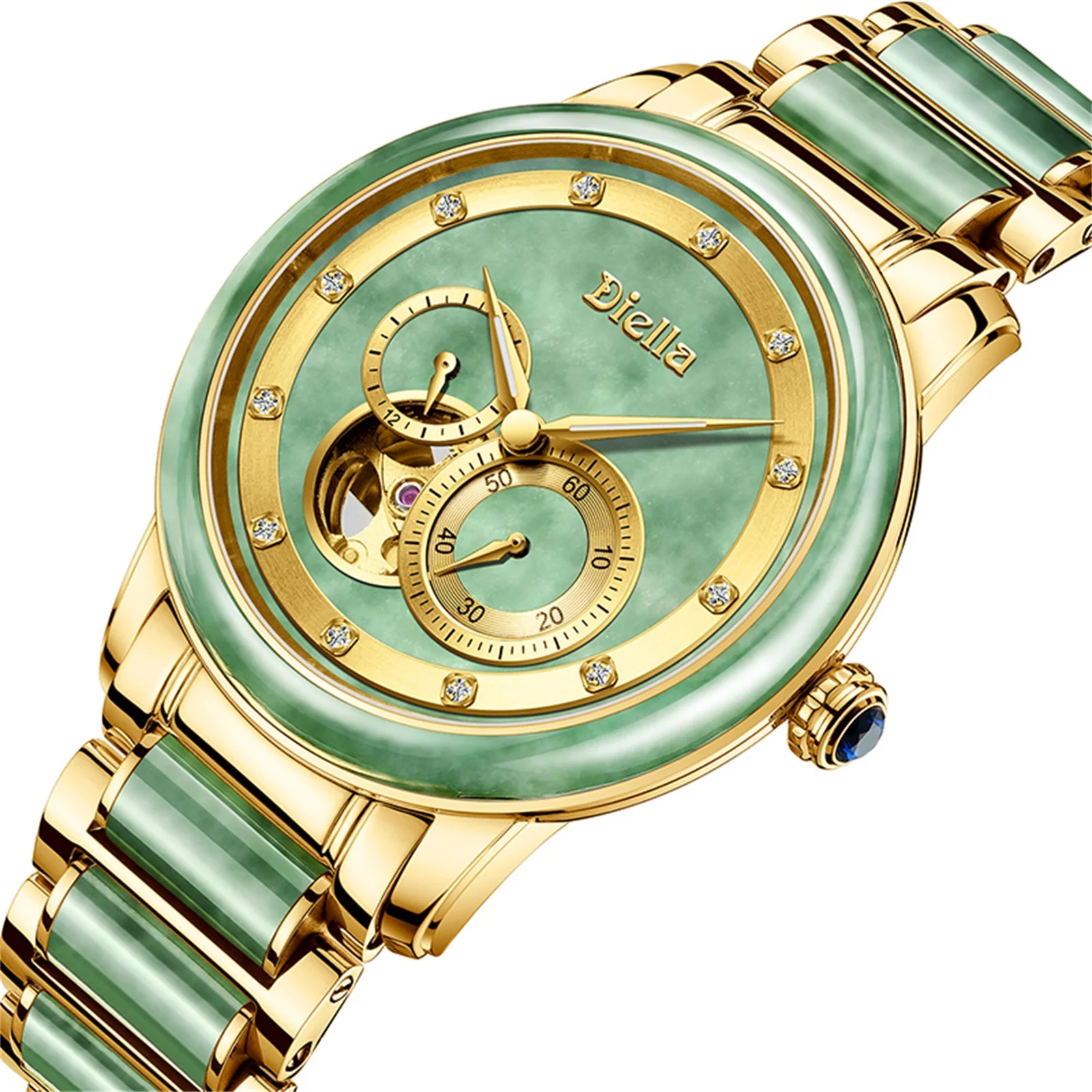 

Diellea Men's Mechanical Automatic Jade Gold watch genuine hollow business luxury Sapphire Wristwatch Waterproof Life 6012G