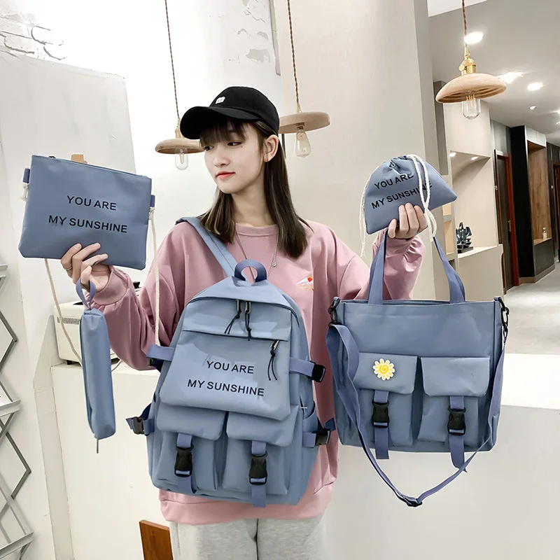 

5 Pcs/Set High and Junior School Students Simple Campus Backpack  Capacity Multi-function Canvas Schoolbag Set, 4 colors