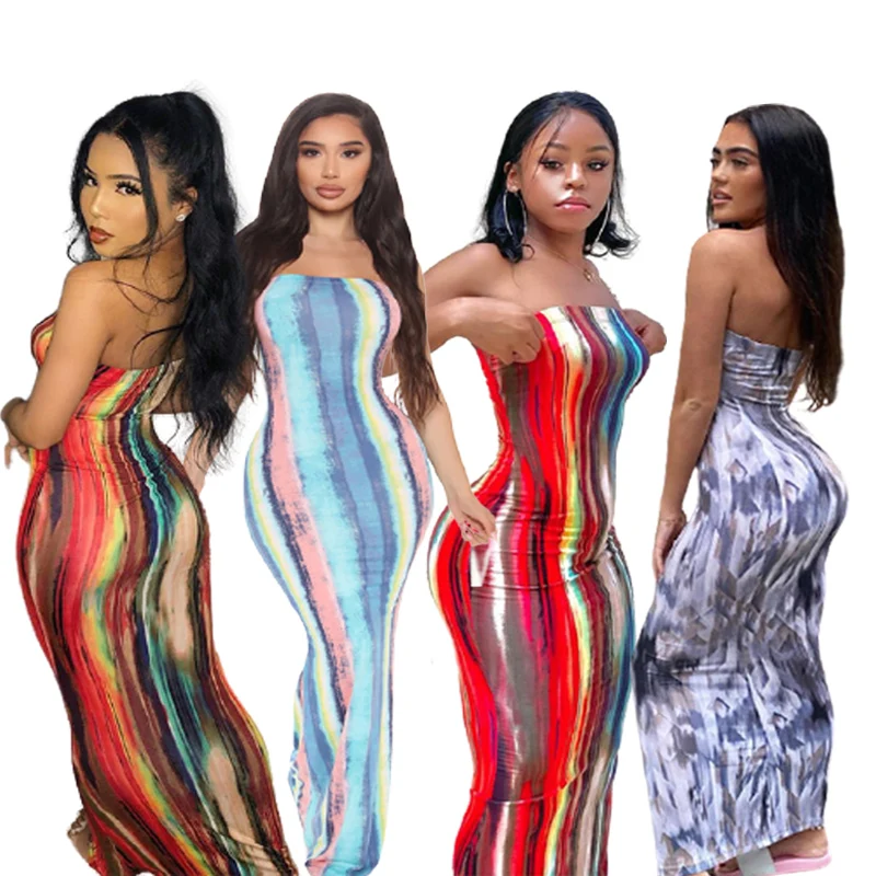 

2021 Modest classy dresses Fashion Sexy Sleeveless Bodycon Sun striped summer maxi dress