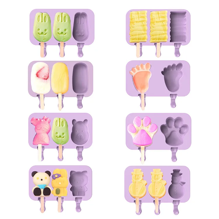 

3 Cavities Cute design Cartoon silicone trays ice cube mold Popsicle cream Ice Pop Maker moulds with lids sticks for Kids, Pink/green