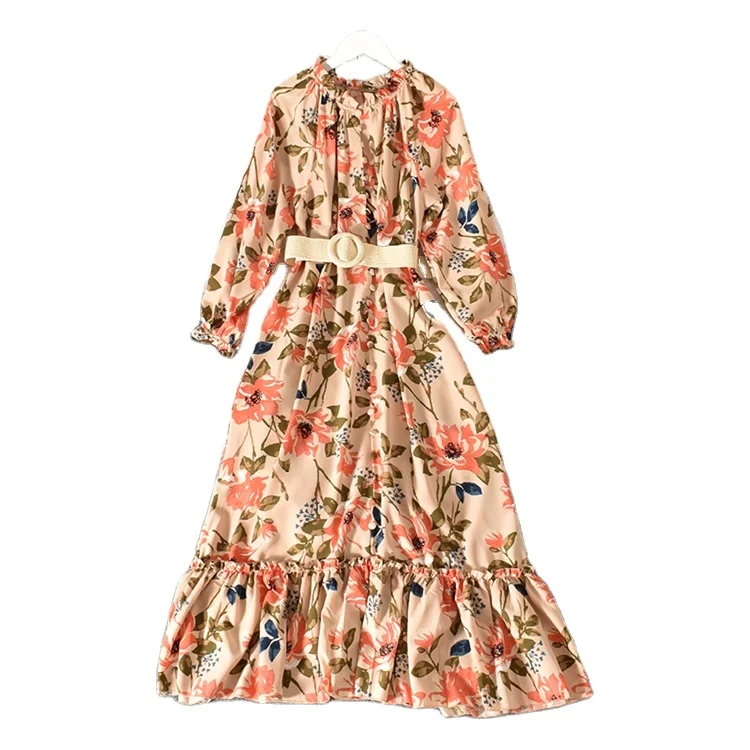 

Women Dresses Sweet Fungus Collar Puff Sleeve Row Buckle Sashes Slim Waist Ruffles Floral Print Female Elegant Women Flowy Dress