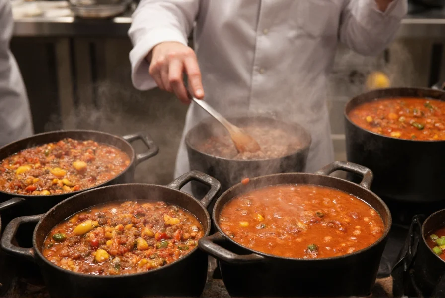 Professional chef preparing multiple pots of chili in restaurant kitchen with visible regional variations