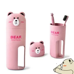 

Wheat Fiber Environmental Small Bear Travel Toothbrush Washing Cup Contains 2 Toothbrushes, Pink, green, blue, beige