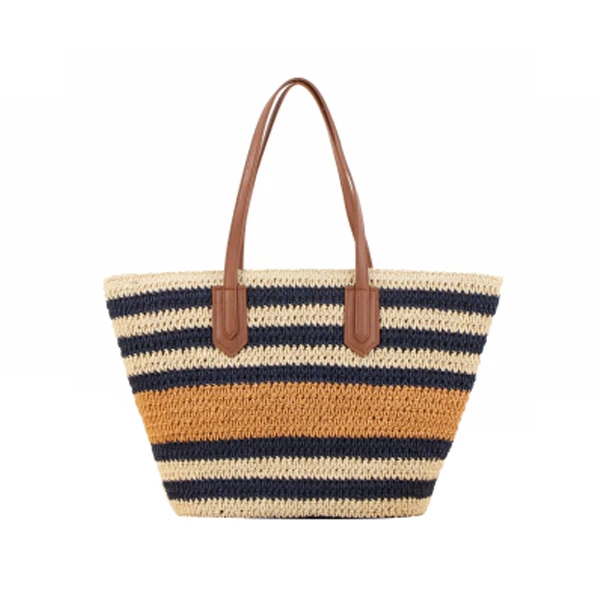 

Summer striped bamboo ring handbag retro literary fan beach straw paper bag