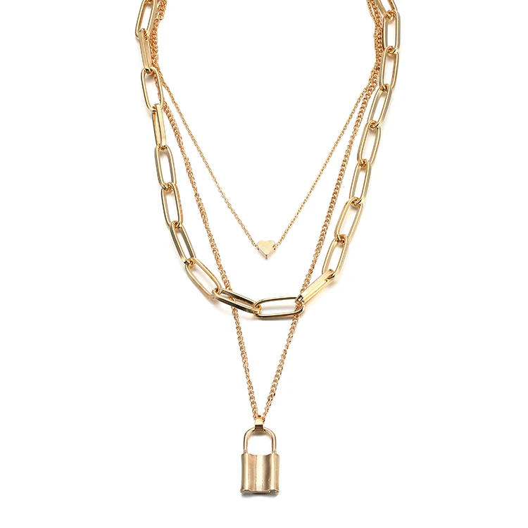 

2020 New High Quality Chain Necklace Women's Jewelry Gift Party Gold-Plated Lock Pendant Multi-layer Necklace Wholesale