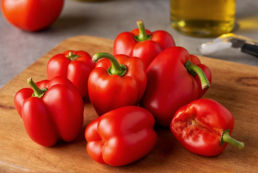 Close-up photograph of fresh red pimento peppers showing their distinctive heart shape, vibrant color, and smooth skin on a wooden cutting board with gardening tools