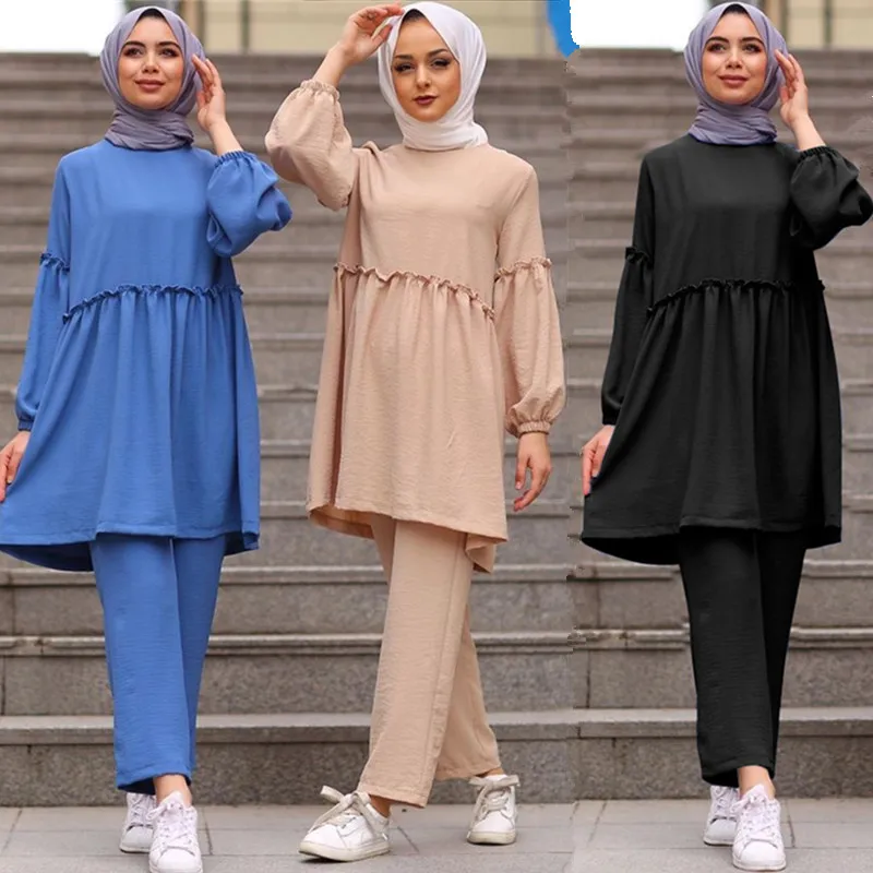 

Ramadan two piece set Muslim women sets Arab Turkey solid top and long pants Islamic clothing Abaya