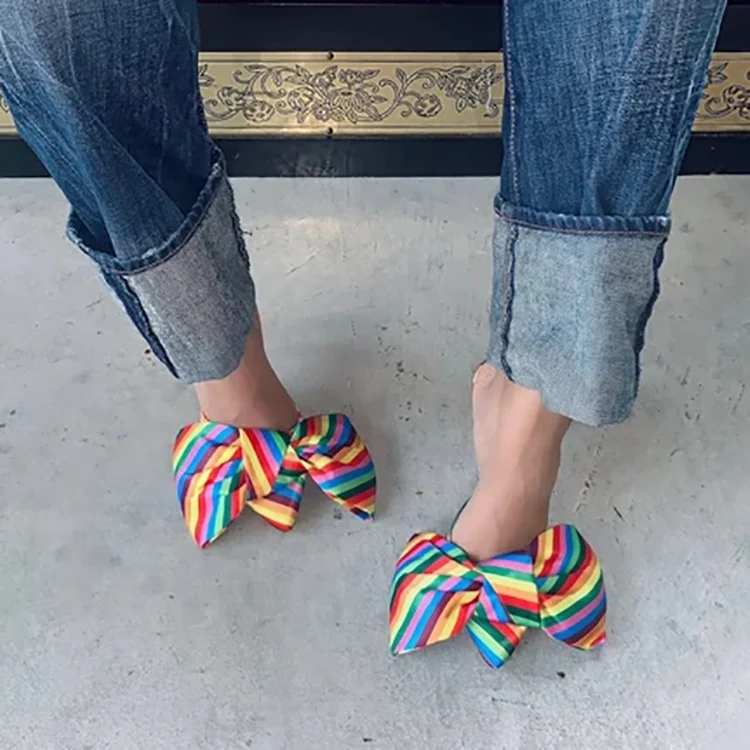 

2021 high repurchase rate fashion rainbow big silk bow and thin heel slide sandals for women