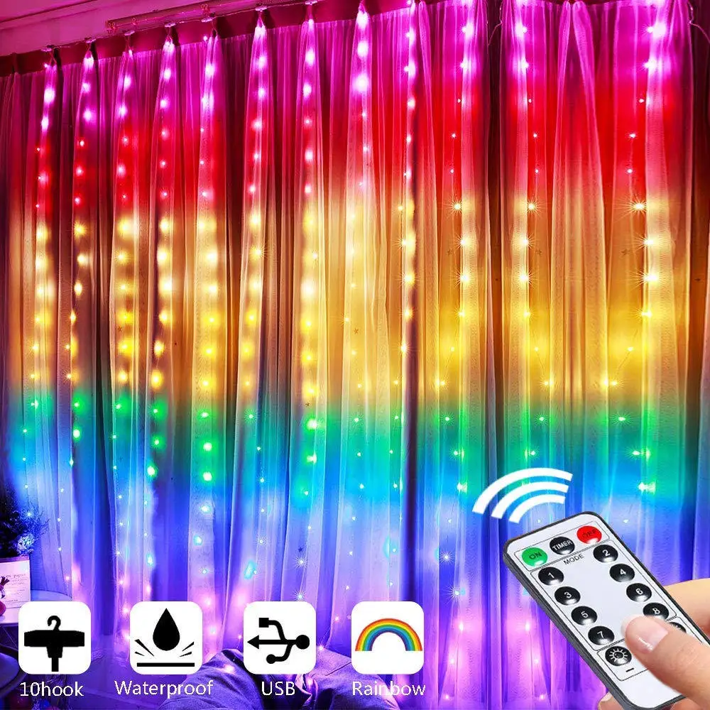 Rainbow Curtain Lights LED String Garland Fairy Icicle Decorative Lights for Christmas Party Bedroom Wall Wedding Decor