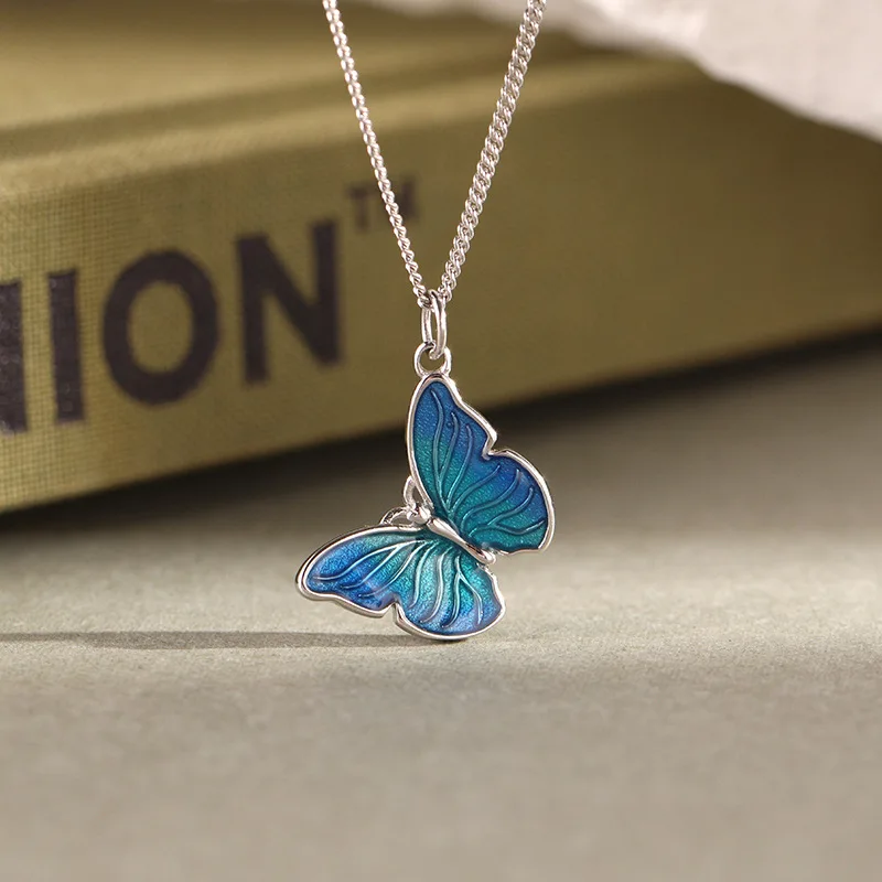 

Europe Hot Sale New Design Butterfly Choker Necklace S925 Sterling Silver Blue Oil Drop Butterfly Pendant Necklace Jewelry