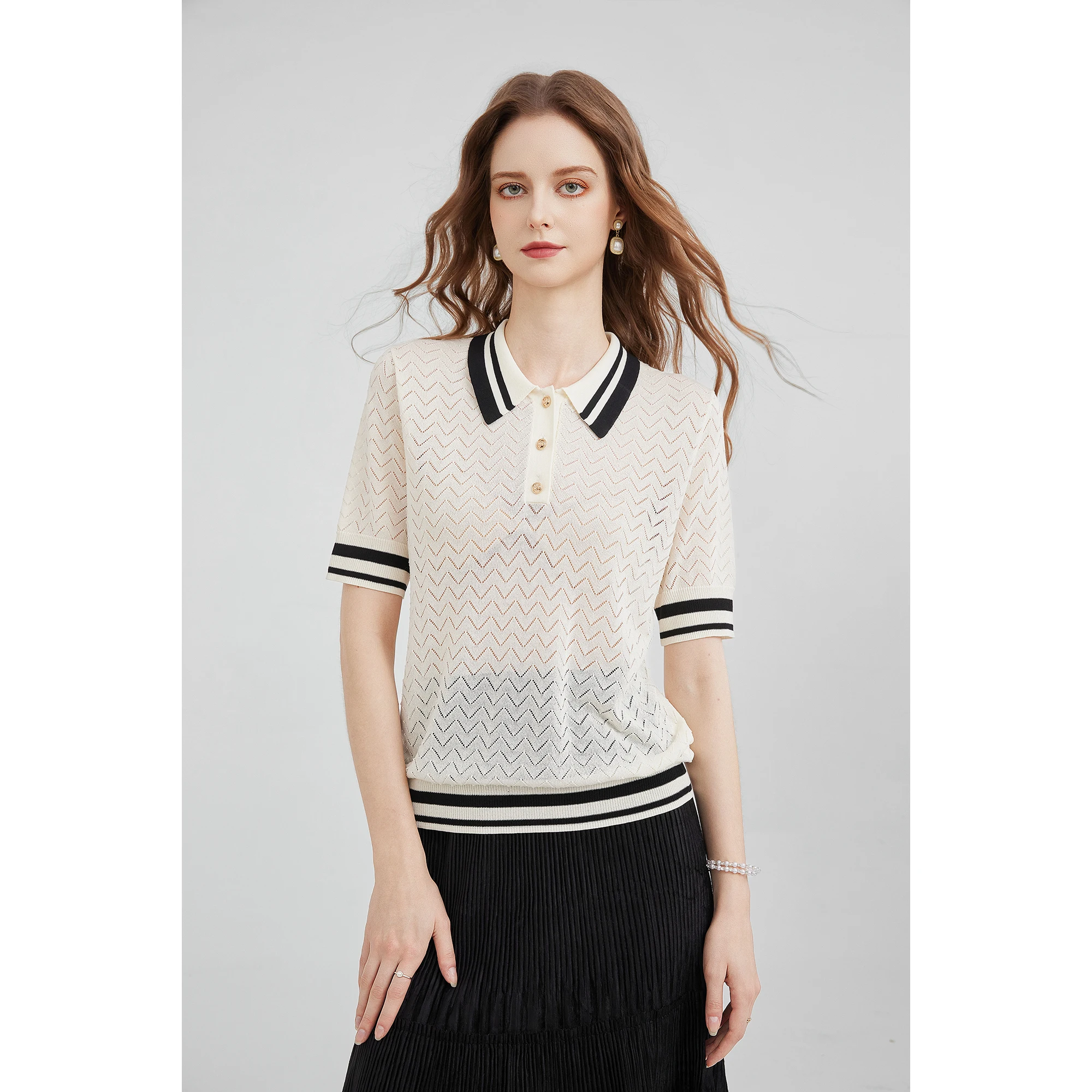 Women's Knitted Hollow Contrasting Color Ribbed Polo Shirt Casual Commuting Short-sleeved Top