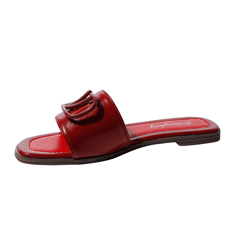 

New design summer open toe metal buckle flat bottom lady slippers beach platform sandals lady