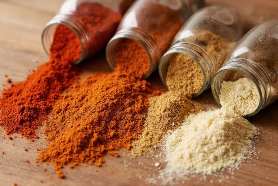 Close-up of various spice jars including paprika, cumin, and garlic powder arranged on wooden table