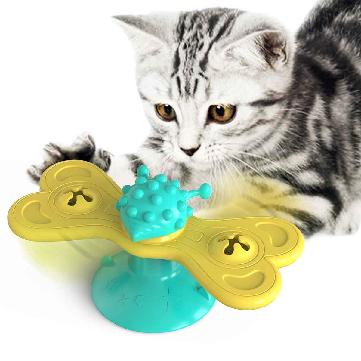 

Cat Windmill Toy Funny Massage Rotatable Cat Toys With Catnip Ball Teeth Cleaning Pet Products, Yellow and blue