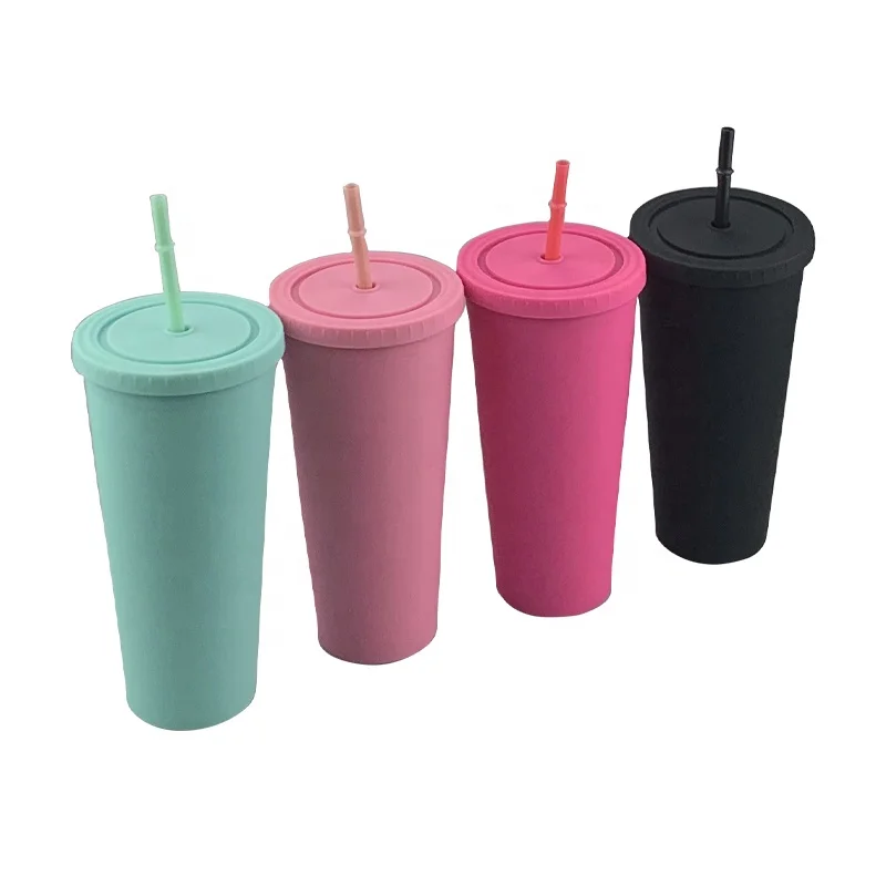 

Wholesale 16oz 24oz Flat Lid Acrylic Double Wall PASTEL Matte Rubber Painting Macarons Colored Plastic Tumbler With Straw