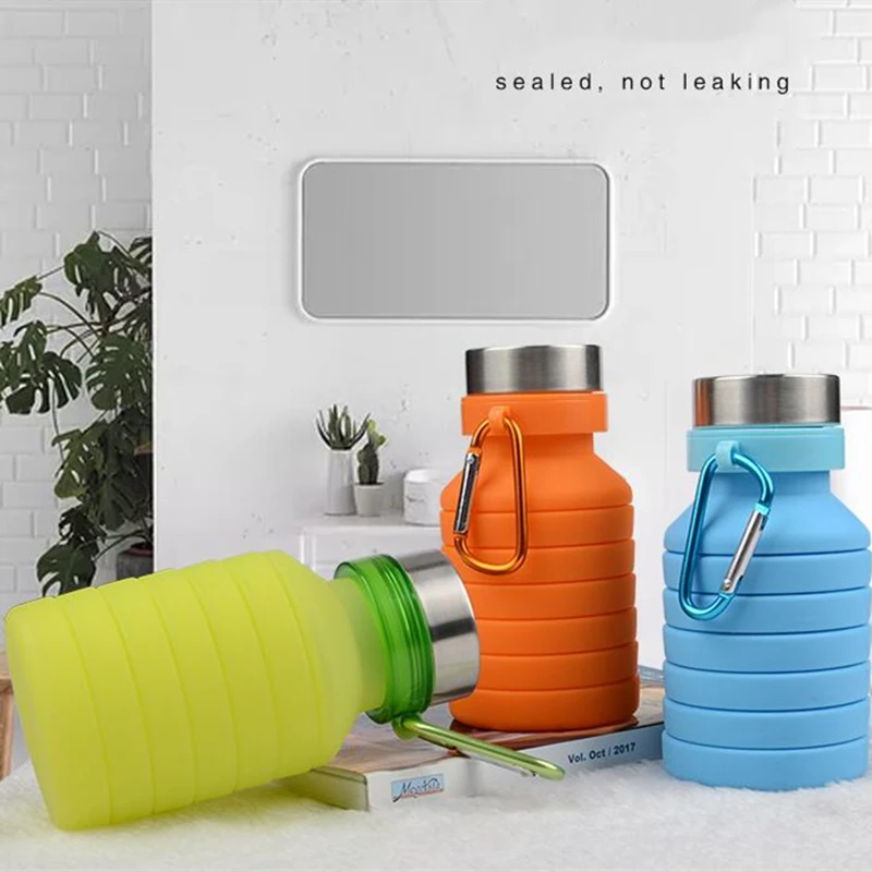 

Retractable Folding Sports Drink Kettle Coffee Bottle Travel Drinking Cups 550ml Outdoor Sport Portable Silicone Water Bottle, As photo