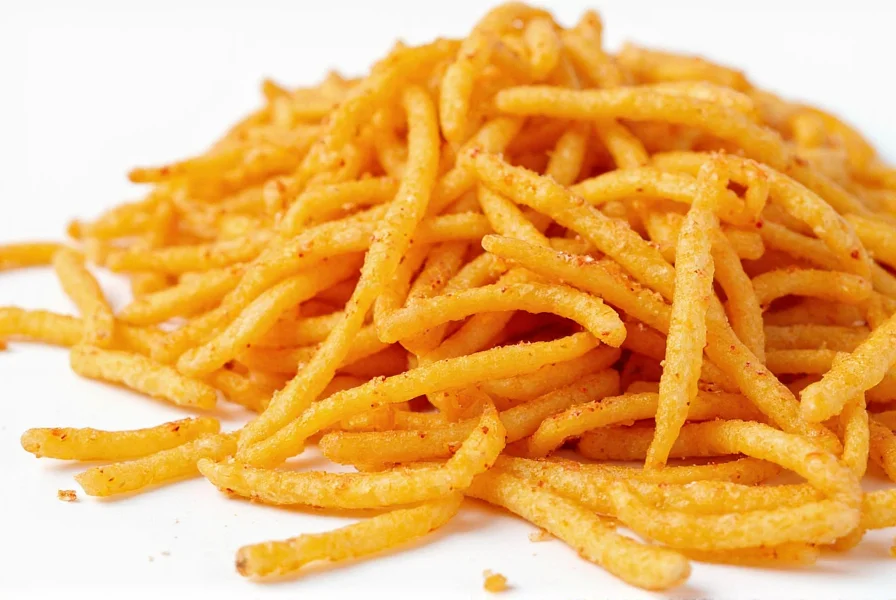 Close-up photograph of Sabritones chili snacks showing their thin, golden corn strips coated with red chili seasoning on white background