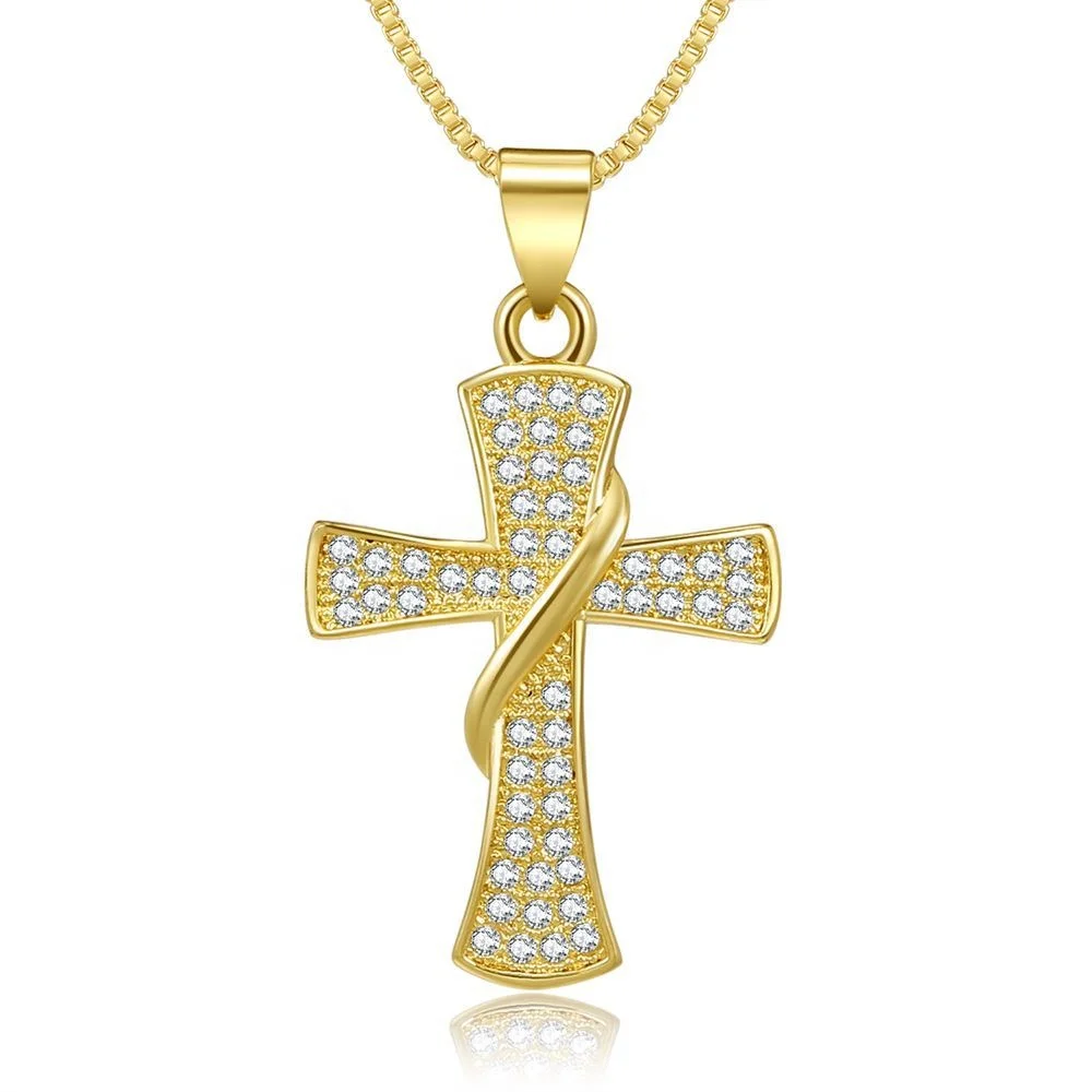 

2021 New Fashion Trend Women Brass Cubic Zirconia Necklace Full Diamond 18K Gold Plated Cross Pendant Women Gift Jewelry Femme