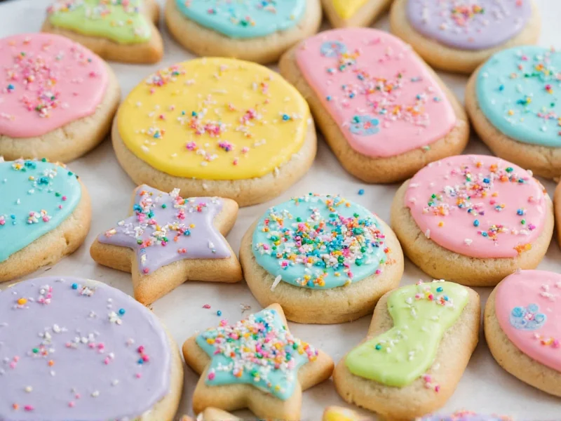 Colorful sugar cookies decorated with royal icing and sprinkles