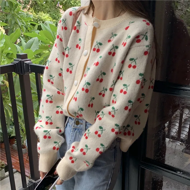 

Korean Fashionable Cherry Print Long Sleeve Cardigan Short Sweater Coats Women Casual Loose Knit Oversize Jackets Autumn 2021, Beige,navy