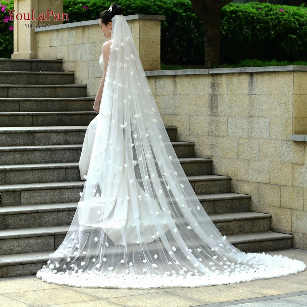 

YouLaPan V93 Flower-Covered 3-Meter-Long Tulle Cathedral Wedding Bridal Veil And Comb, Ivory