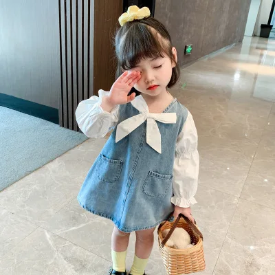 

New fashion toddler Girls casual summer solid long sleeve bow denim shirt dress, Picture shows