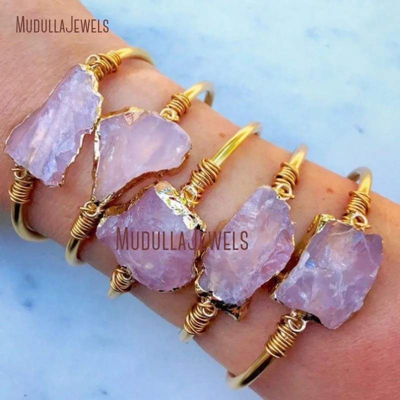 

BM27692 Raw Rose Quartz Cuff Bracelet Chunky Geometric Crystal Bracelet Boho Chic Adjustable Raw Brass Gold Bangle Bracelet