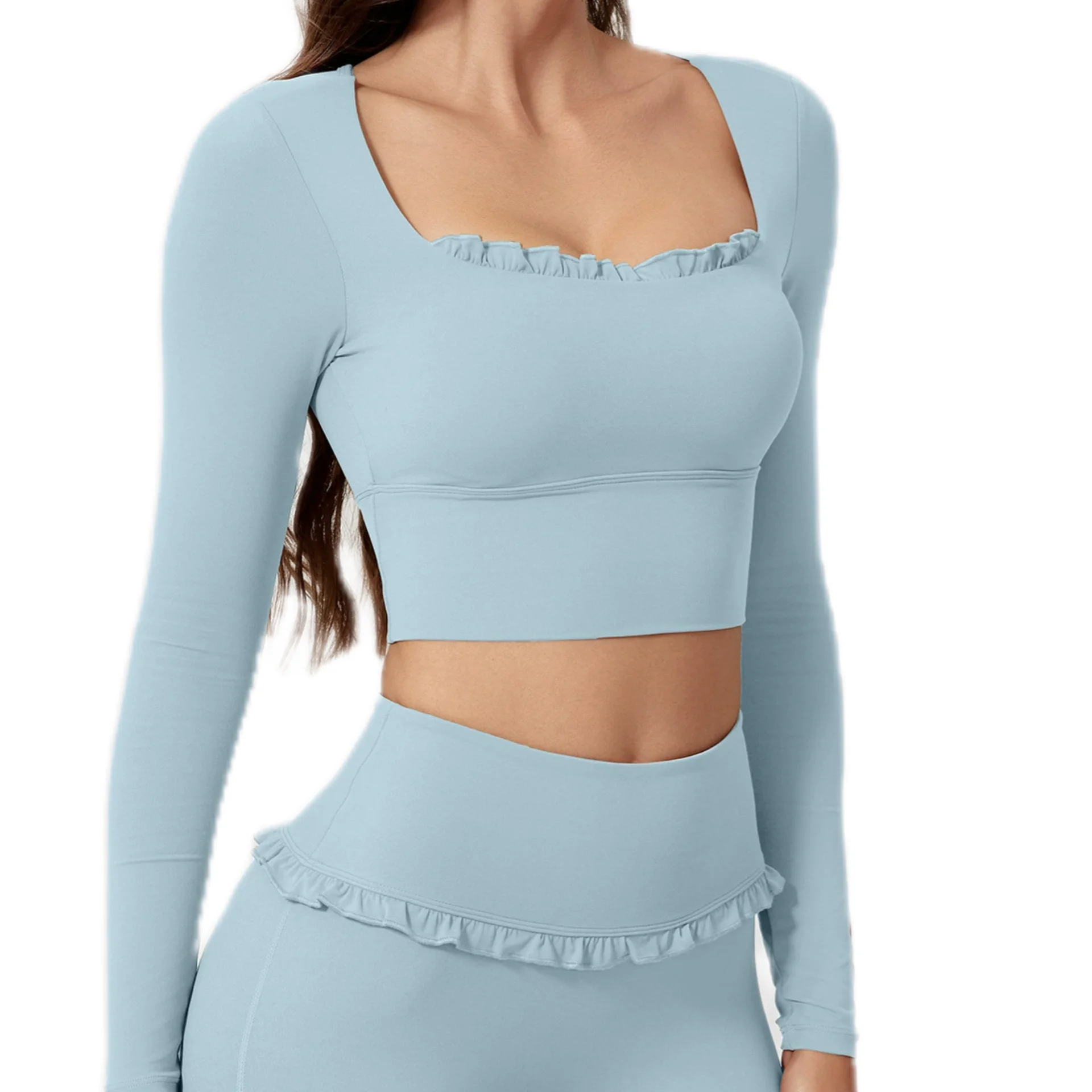 Nylon Four-way Stretch Fitness T-Shirt Long Sleeve U-Neck Quick Dry Elastic Waist Cropped Design Sports Pad for Gym Yoga Size XS