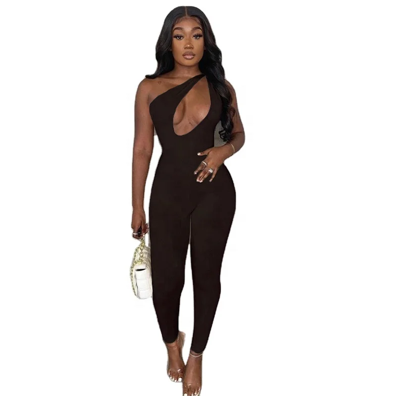 

DLL Women solid stretch asymmetrical One Strap sleeveless Sport Yoga Long Pant Hollow Out Bodycon Playsuit sexy summer jumpsuit, As picture or customized make