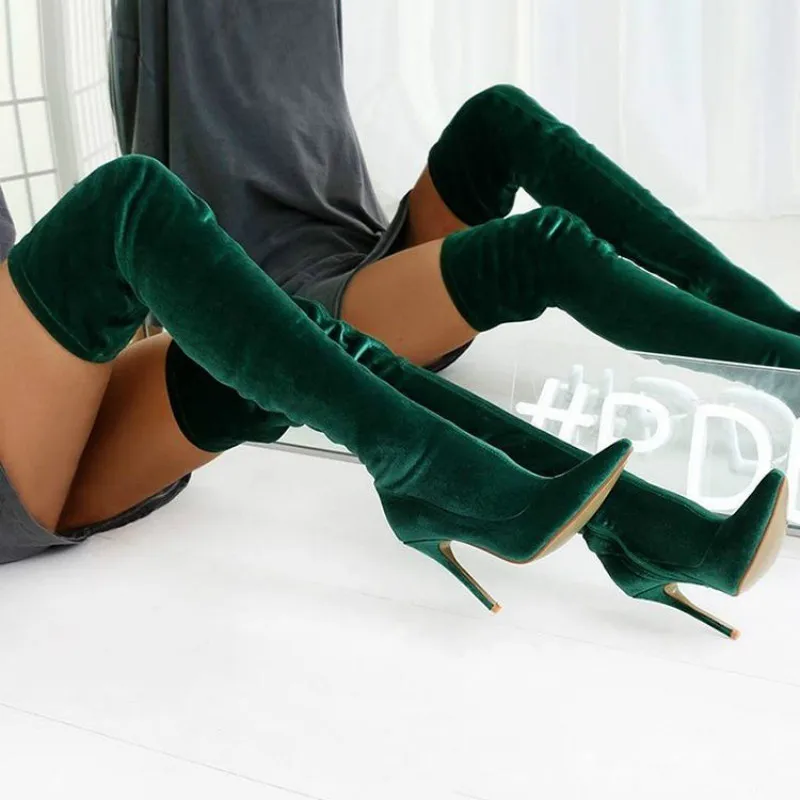 

Pointed Toe Over The Knee Boots Elastic High Heeled Women Frosted Ladies High Leg Boots