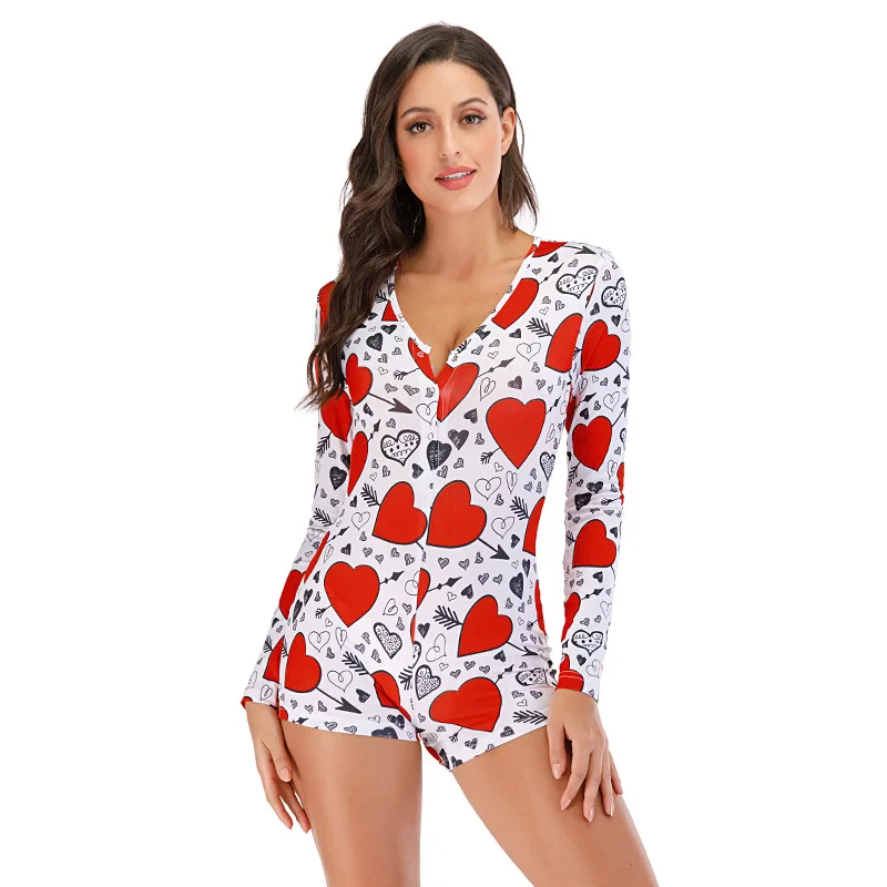 

9S4U Wholesale Heart & Letter Print Pajama Onesie Adult Set Women Summer Nighty Cotton Sleepwear, Customized color