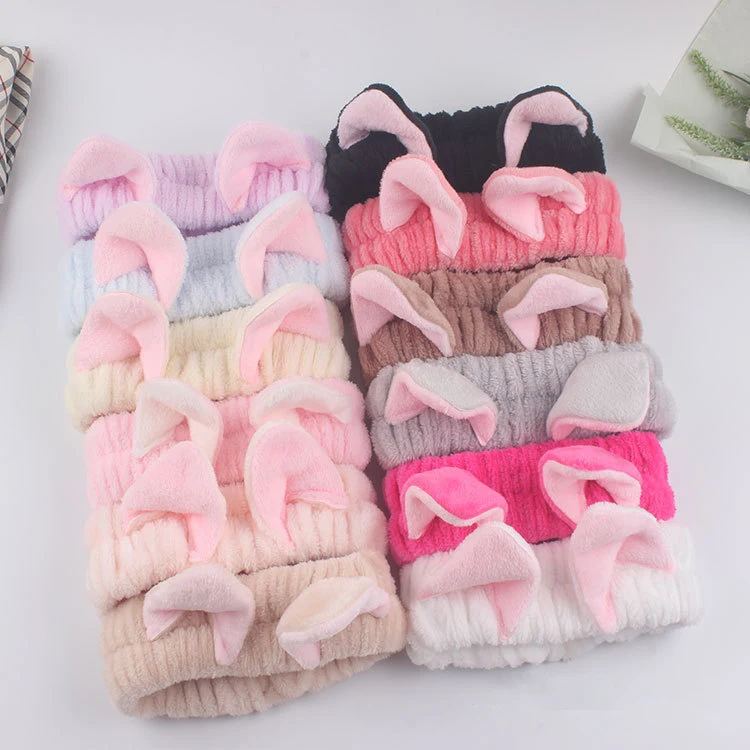 

wholesale cute cat ear soft fleece wash face elastic facial spa headband cosmetic makeup yoga for girl woman Makeup hairband, Mix colors