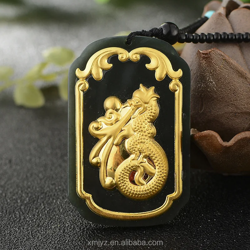 

Certified Gold Inlaid Jade 4D Ink Jade Inlaid Pure Gold Ink Jade Dragon Shaped Fu Character Pendant For Men Live Source Gift