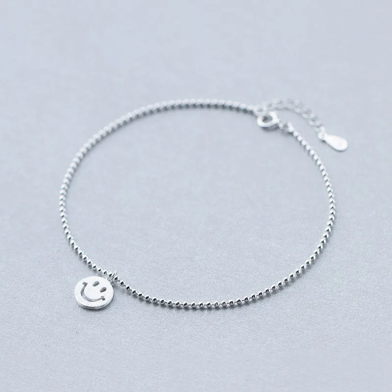 

925 Sterling Silver Matte Finished Round Beads Smile Charm Anklets For Women
