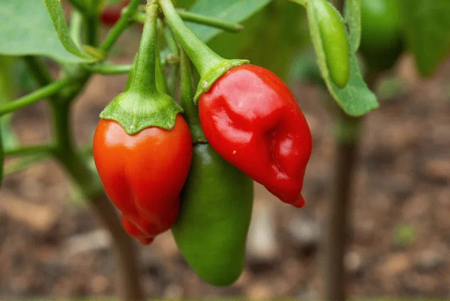 Close-up of red and green bird chili peppers on plant with soil background