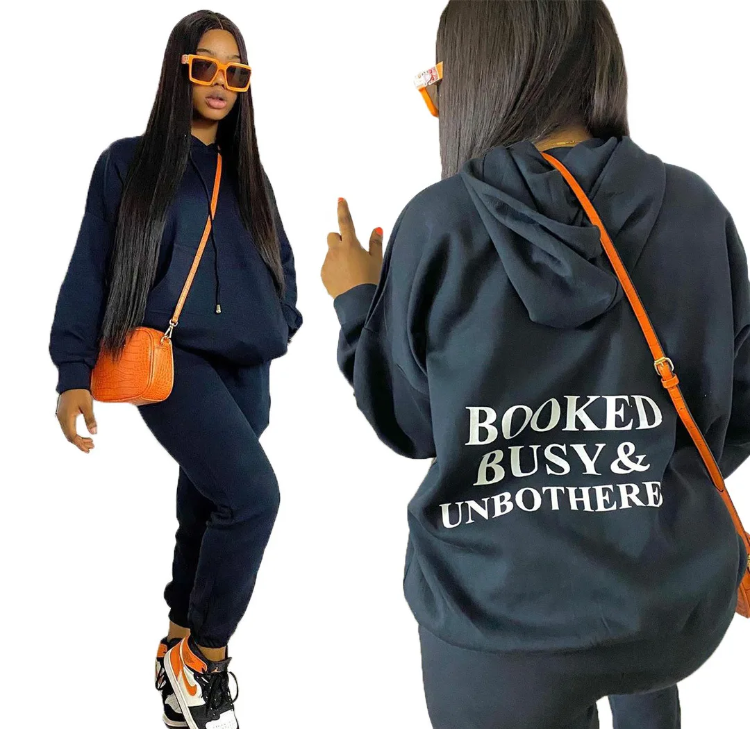 

Wholesale new design solid color back printed long sleeve top and long pants women hooded jogger tracksuit