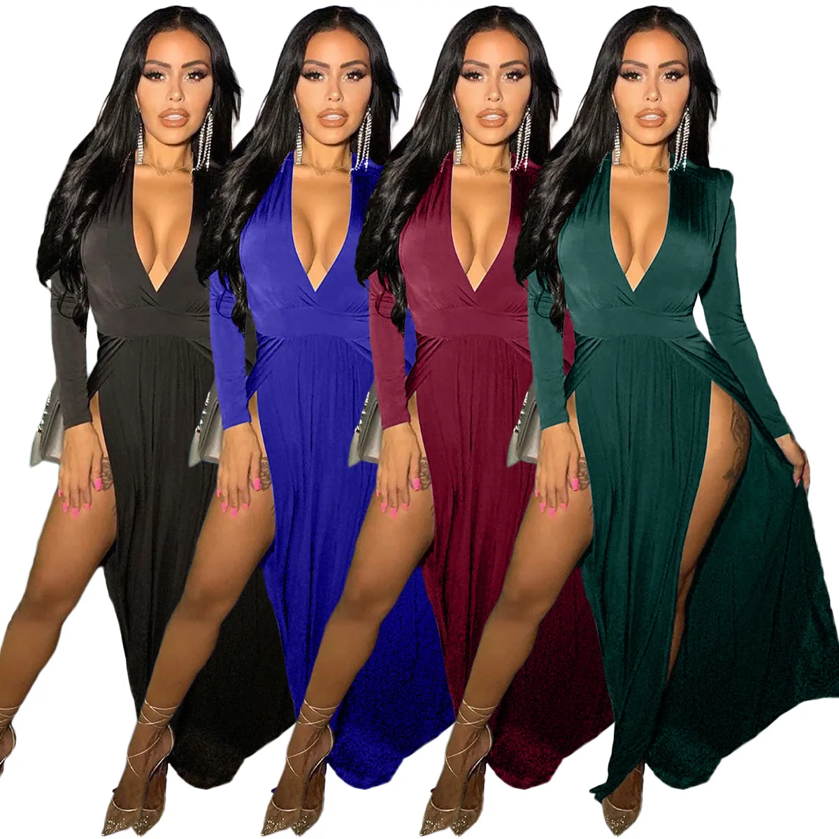 

Fashionable Solid Color Long Sleeve Stitching v-Neck Hem Ladies Gown Wear Women Dresses, Multicolors