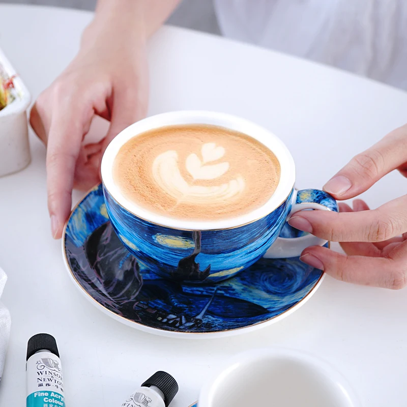 

90ml / 220ml / 300ml / 400ml Van Gogh latte art cup office gift ceramic star night coffee cup and disc set