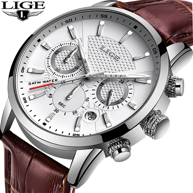 

2021 New Mens Watches LIGE Top Brand Leather Chronograph Waterproof Sport Automatic Date Quartz Watch For Men Relogio Masculino